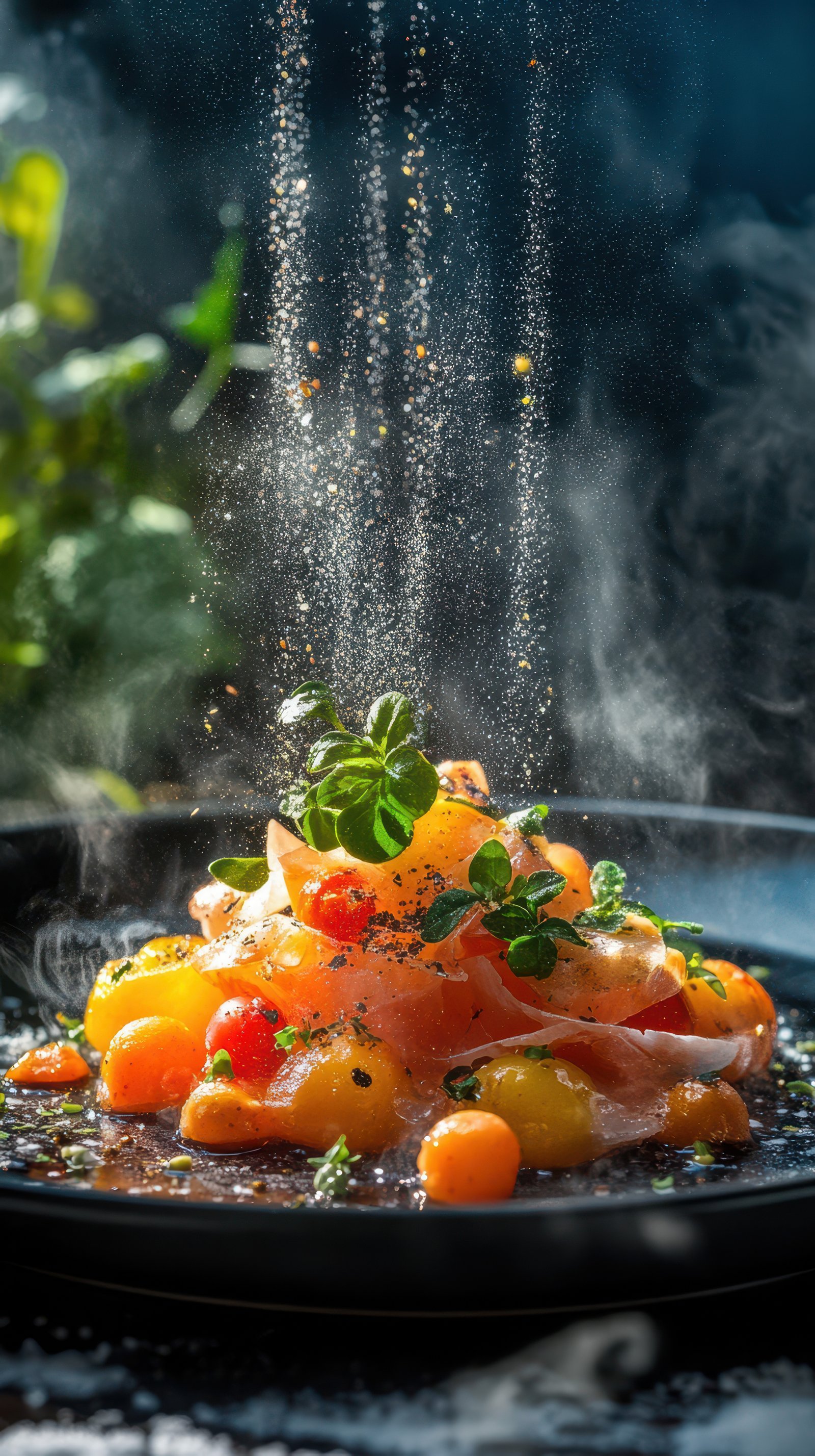 Culinary art featuring vibrant tomatoes and fresh herbs in a modern plating style